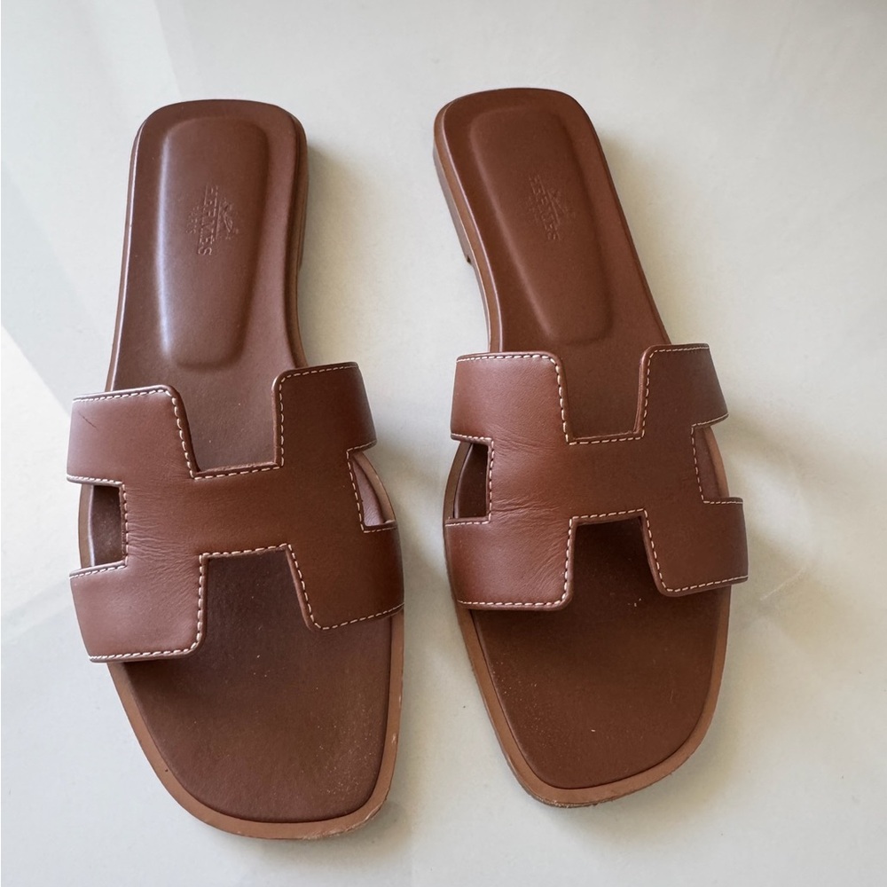 Hermes Oran Gold Slide Sandals size 38